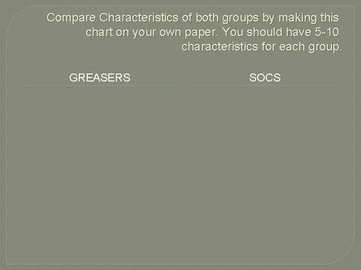 Compare Characteristics of both groups by making this chart on your own paper. You