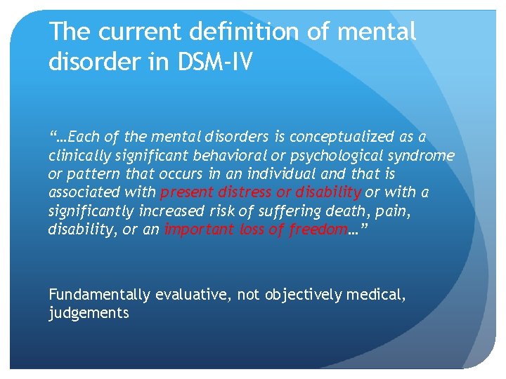 The current definition of mental disorder in DSM-IV “…Each of the mental disorders is