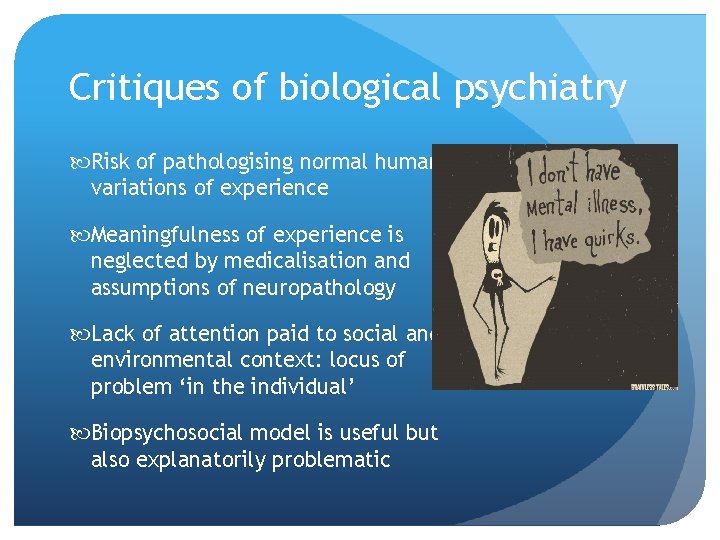 Critiques of biological psychiatry Risk of pathologising normal human variations of experience Meaningfulness of