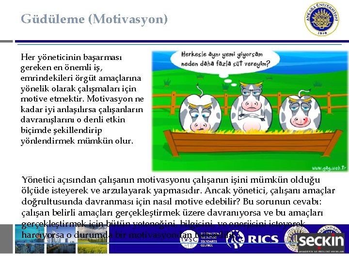 Güdüleme (Motivasyon) Her yöneticinin başarması gereken en önemli iş, emrindekileri örgüt amaçlarına yönelik olarak