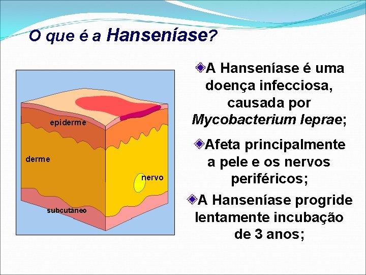 O que é a Hanseníase? A Hanseníase é uma doença infecciosa, causada por Mycobacterium