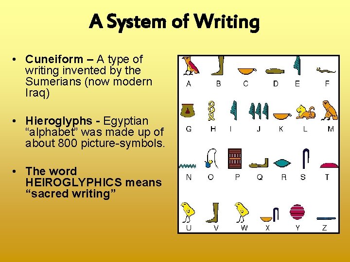 A System of Writing • Cuneiform – A type of writing invented by the
