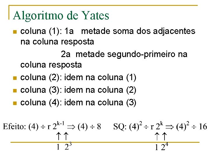 Algoritmo de Yates n n coluna (1): 1 a metade soma dos adjacentes na