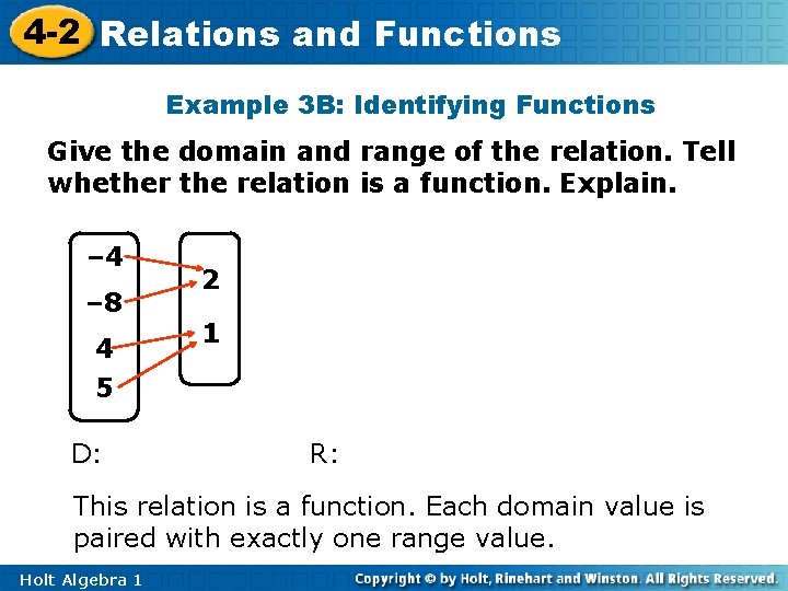 4 -2 Relations and Functions Example 3 B: Identifying Functions Give the domain and