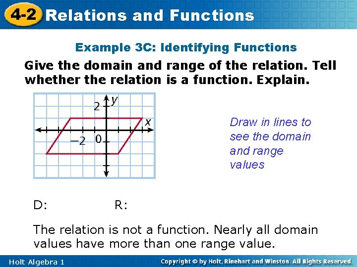 4 -2 Relations and Functions Example 3 C: Identifying Functions Give the domain and