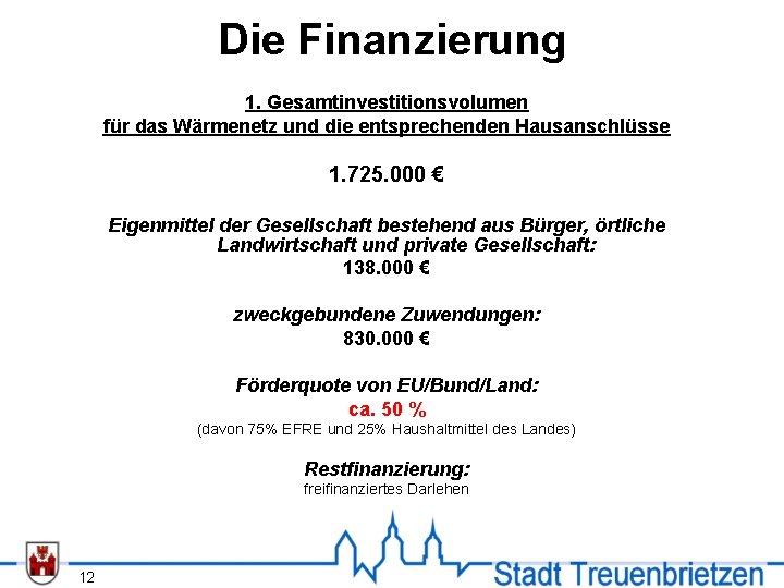 Die Finanzierung 1. Gesamtinvestitionsvolumen für das Wärmenetz und die entsprechenden Hausanschlüsse 1. 725. 000