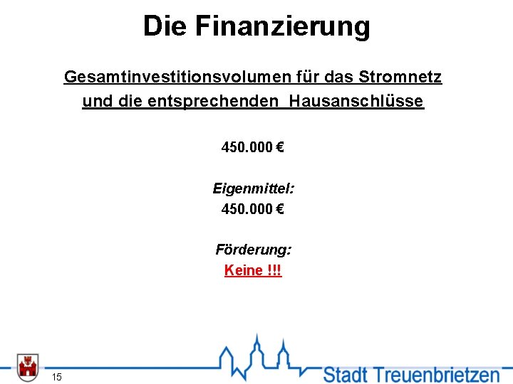 Die Finanzierung Gesamtinvestitionsvolumen für das Stromnetz und die entsprechenden Hausanschlüsse 450. 000 € Eigenmittel: