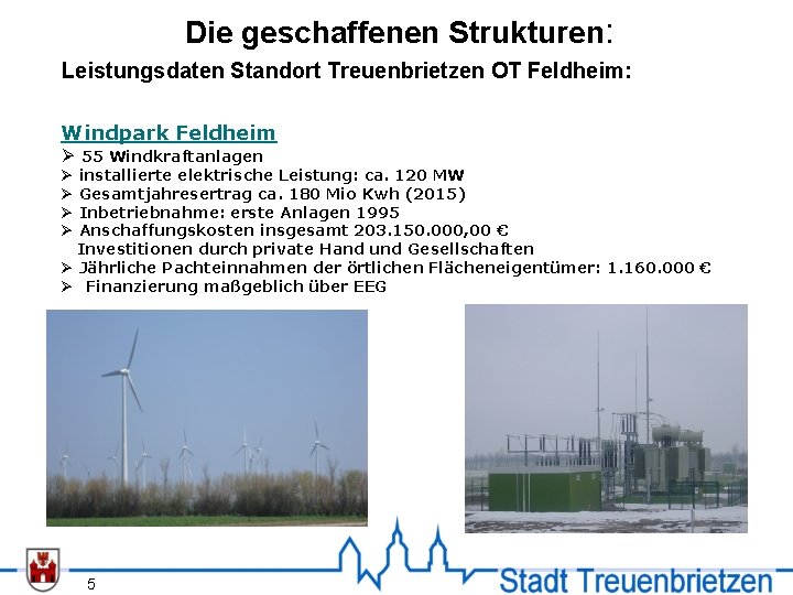 Die geschaffenen Strukturen: Leistungsdaten Standort Treuenbrietzen OT Feldheim: Windpark Feldheim Ø 55 Windkraftanlagen installierte