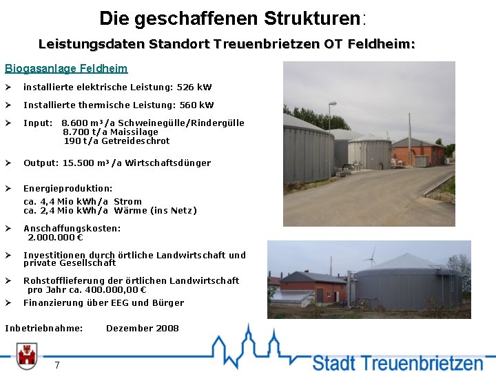 Die geschaffenen Strukturen: Leistungsdaten Standort Treuenbrietzen OT Feldheim: Biogasanlage Feldheim Ø installierte elektrische Leistung: