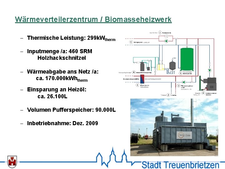 Wärmeverteilerzentrum / Biomasseheizwerk - Thermische Leistung: 299 k. Wtherm - Inputmenge /a: 460 SRM