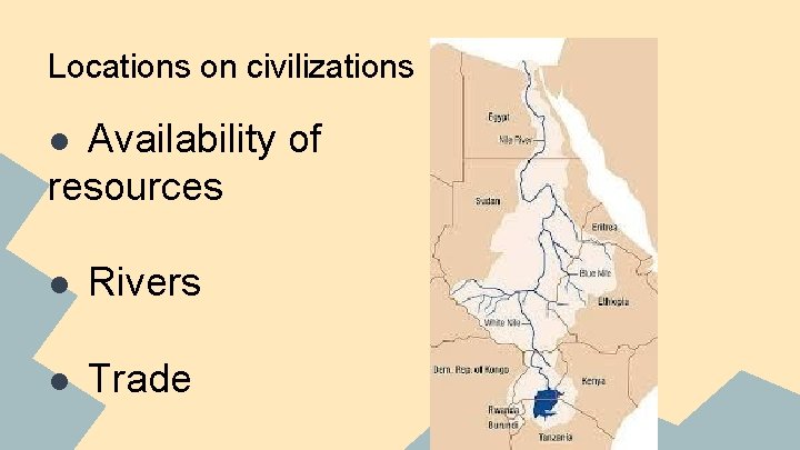 Locations on civilizations ● Availability of resources ● Rivers ● Trade 