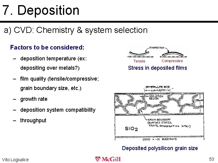 7. Deposition a) CVD: Chemistry & system selection Factors to be considered: – deposition