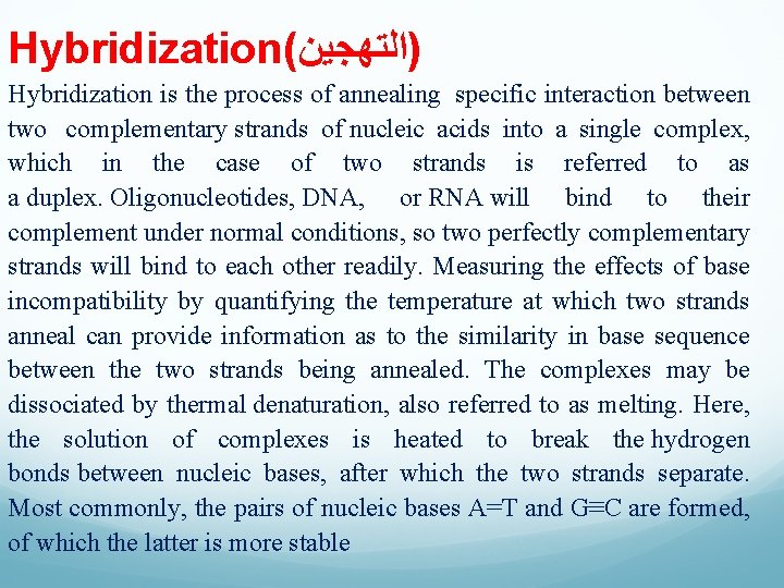 Hybridization( )ﺍﻟﺘﻬﺠﻴﻦ Hybridization is the process of annealing specific interaction between two complementary strands