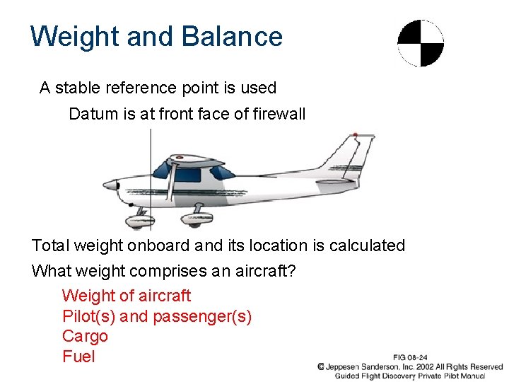 Weight and Balance A stable reference point is used Datum is at front face