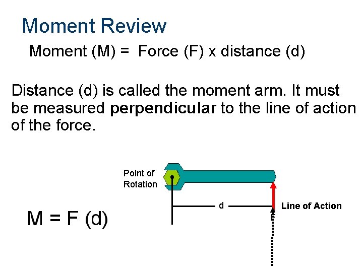 Moment Review Moment (M) = Force (F) x distance (d) Distance (d) is called