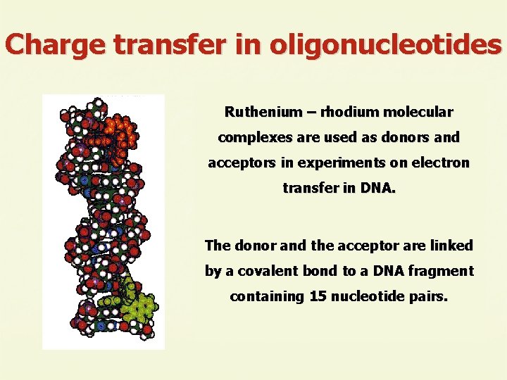 Charge transfer in oligonucleotides Ruthenium – rhodium molecular complexes are used as donors and