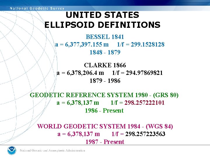 UNITED STATES ELLIPSOID DEFINITIONS BESSEL 1841 a = 6, 377, 397. 155 m 1/f UNITED STATES ELLIPSOID DEFINITIONS BESSEL 1841 a = 6, 377, 397. 155 m 1/f