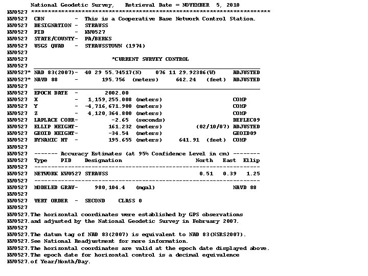 National Geodetic Survey, Retrieval Date = NOVEMBER 5, 2010 KW 0527 ************************************ KW 0527 National Geodetic Survey, Retrieval Date = NOVEMBER 5, 2010 KW 0527 ************************************ KW 0527