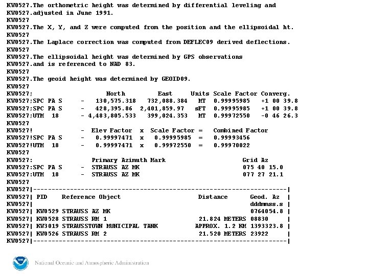 KW 0527. The orthometric height was determined by differential leveling and KW 0527. adjusted KW 0527. The orthometric height was determined by differential leveling and KW 0527. adjusted