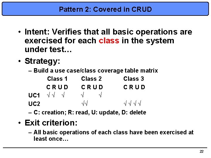 Pattern 2: Covered in CRUD • Intent: Verifies that all basic operations are exercised