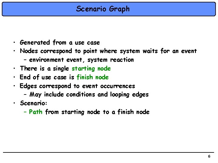 Scenario Graph • Generated from a use case • Nodes correspond to point where
