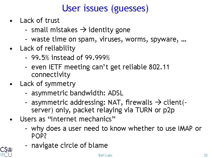 User issues (guesses) • Lack of trust – small mistakes identity gone – waste