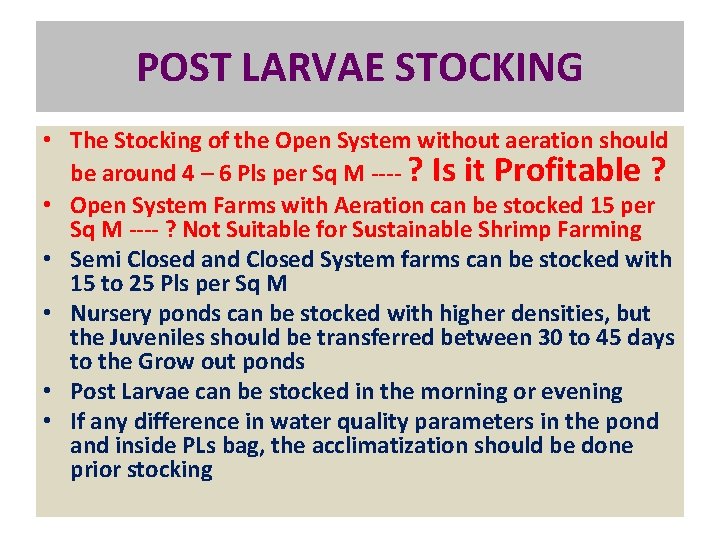 POST LARVAE STOCKING • The Stocking of the Open System without aeration should be