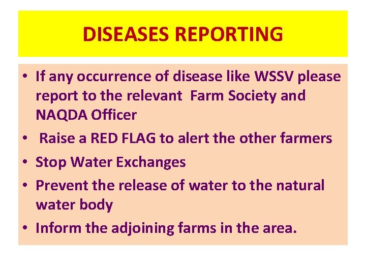 DISEASES REPORTING • If any occurrence of disease like WSSV please report to the