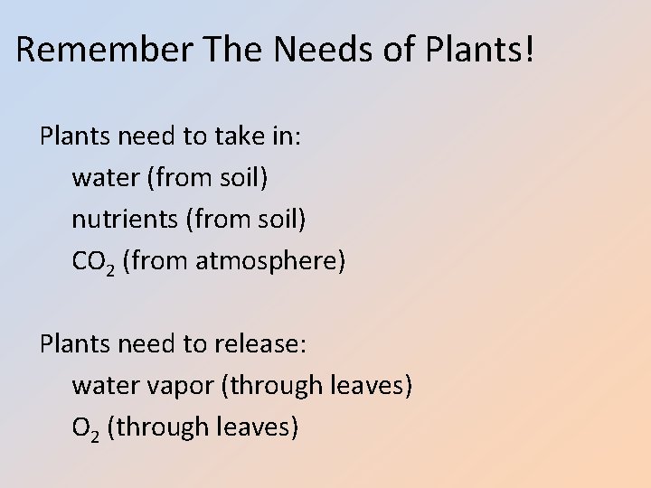 Remember The Needs of Plants! Plants need to take in: water (from soil) nutrients