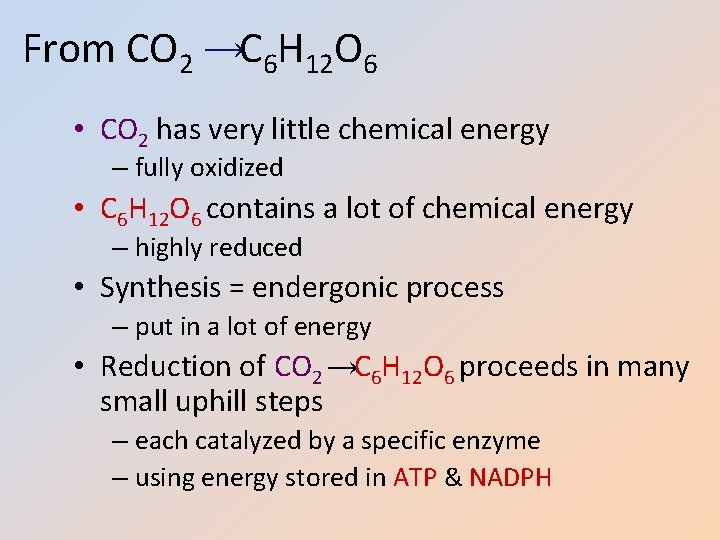 From CO 2 →C 6 H 12 O 6 • CO 2 has very