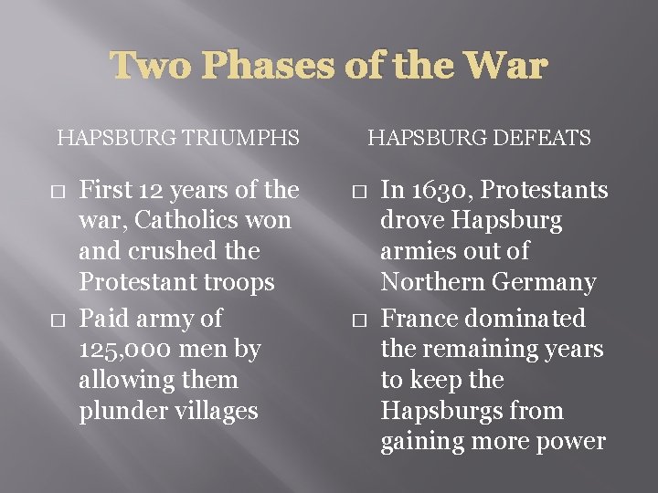 Two Phases of the War HAPSBURG TRIUMPHS � � First 12 years of the