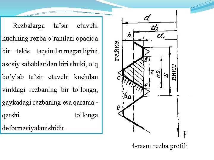Rezbalarga ta’sir etuvchi kuchning rezba o’ramlari opacida bir tekis taqsimlanmaganligini asosiy sabablaridan biri shuki,