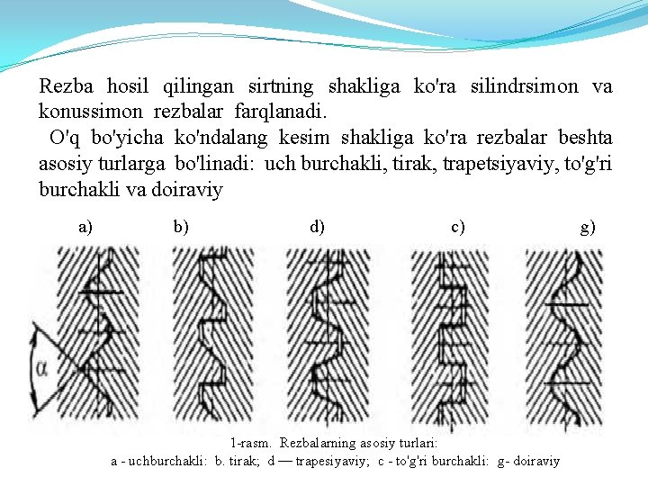 Rezba hosil qilingan sirtning shakliga ko'ra silindrsimon va konussimon rezbalar farqlanadi. O'q bo'yicha ko'ndalang