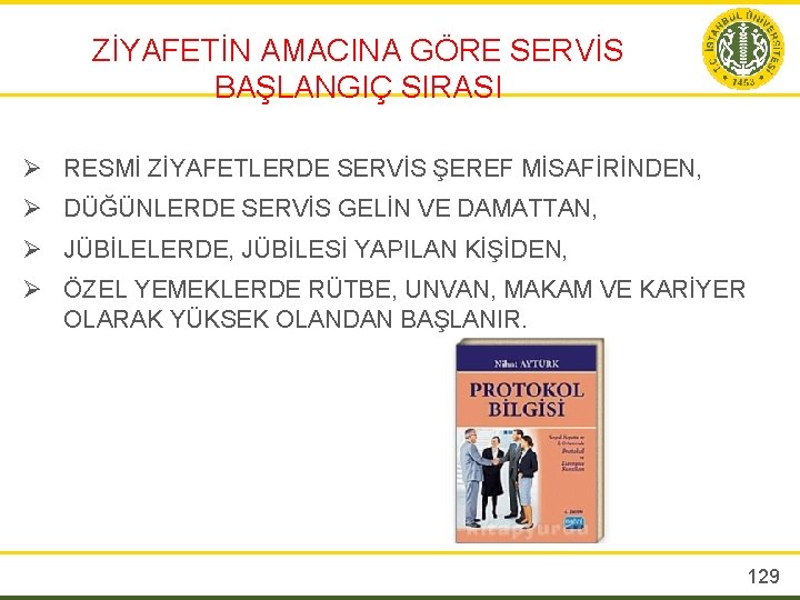 ZİYAFETİN AMACINA GÖRE SERVİS BAŞLANGIÇ SIRASI Ø RESMİ ZİYAFETLERDE SERVİS ŞEREF MİSAFİRİNDEN, Ø DÜĞÜNLERDE