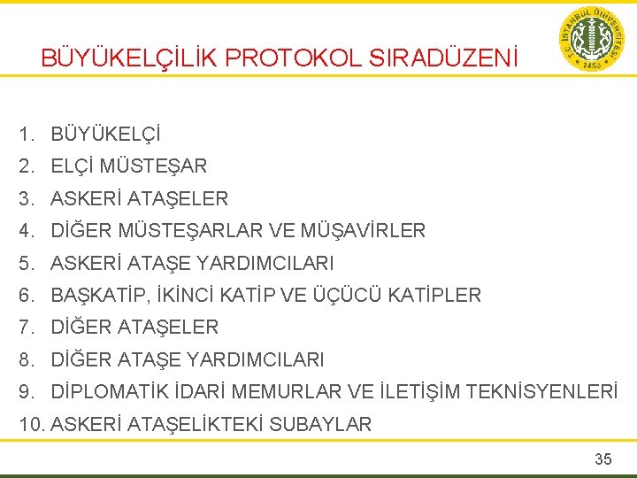 BÜYÜKELÇİLİK PROTOKOL SIRADÜZENİ 1. BÜYÜKELÇİ 2. ELÇİ MÜSTEŞAR 3. ASKERİ ATAŞELER 4. DİĞER MÜSTEŞARLAR