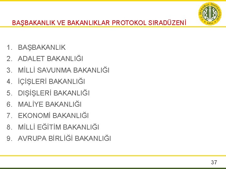 BAŞBAKANLIK VE BAKANLIKLAR PROTOKOL SIRADÜZENİ 1. BAŞBAKANLIK 2. ADALET BAKANLIĞI 3. MİLLİ SAVUNMA BAKANLIĞI