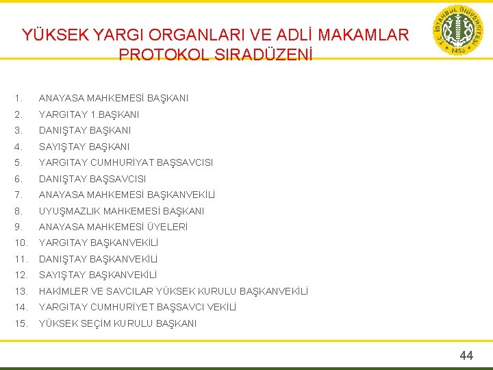 YÜKSEK YARGI ORGANLARI VE ADLİ MAKAMLAR PROTOKOL SIRADÜZENİ 1. ANAYASA MAHKEMESİ BAŞKANI 2. YARGITAY