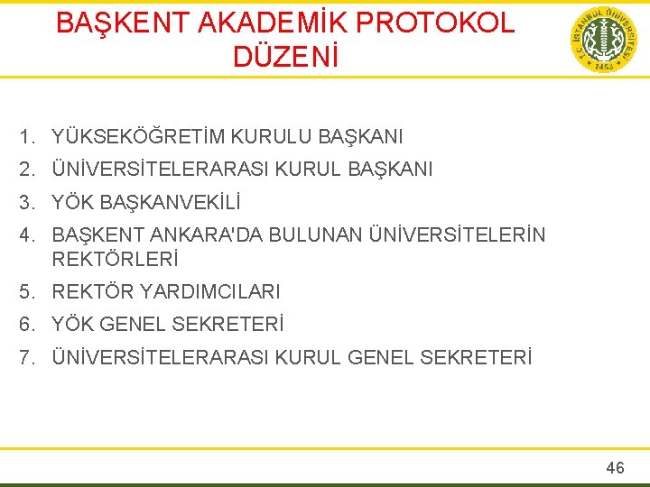 BAŞKENT AKADEMİK PROTOKOL DÜZENİ 1. YÜKSEKÖĞRETİM KURULU BAŞKANI 2. ÜNİVERSİTELERARASI KURUL BAŞKANI 3. YÖK