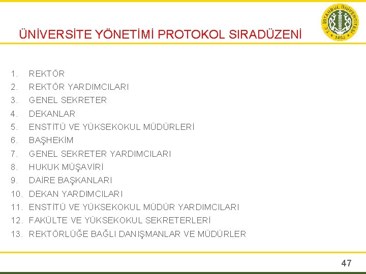 ÜNİVERSİTE YÖNETİMİ PROTOKOL SIRADÜZENİ 1. REKTÖR 2. REKTÖR YARDIMCILARI 3. GENEL SEKRETER 4. DEKANLAR