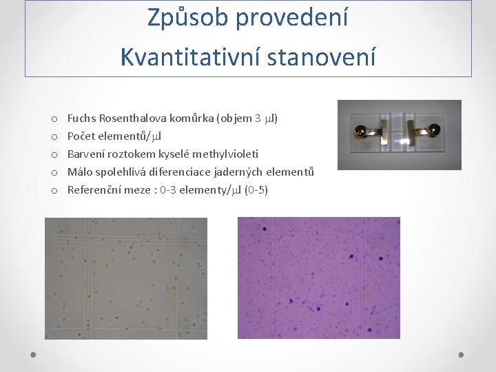 Způsob provedení Kvantitativní stanovení o o o Fuchs Rosenthalova komůrka (objem 3 l) Počet