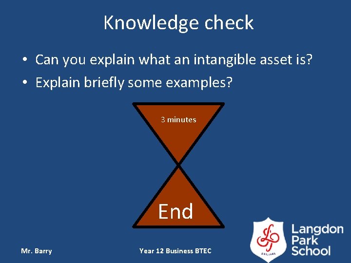 Knowledge check • Can you explain what an intangible asset is? • Explain briefly