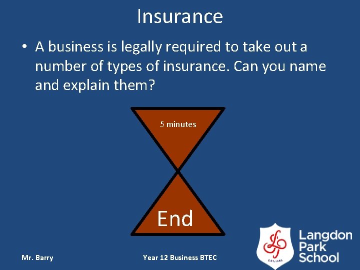 Insurance • A business is legally required to take out a number of types