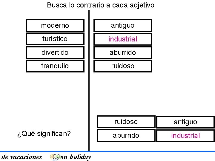 Busca lo contrario a cada adjetivo moderno antiguo turístico industrial divertido aburrido tranquilo ruidoso