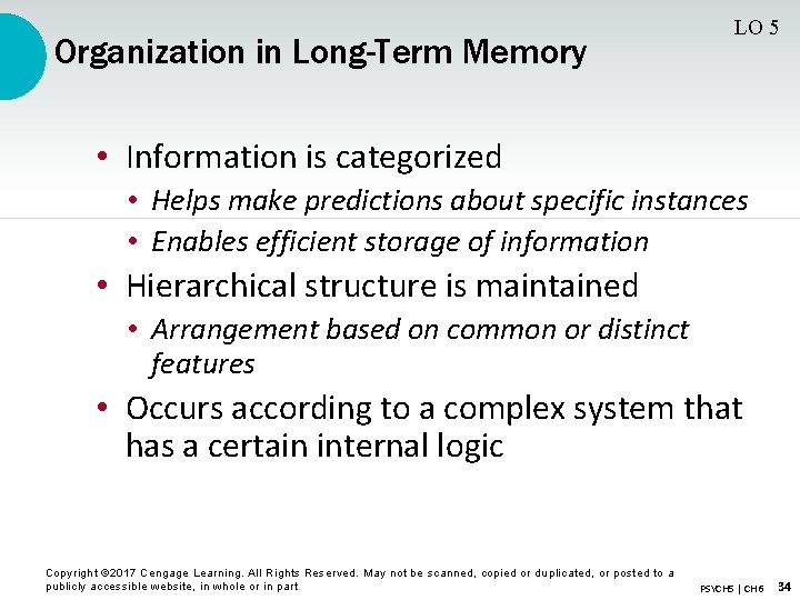 Organization in Long-Term Memory LO 5 • Information is categorized • Helps make predictions