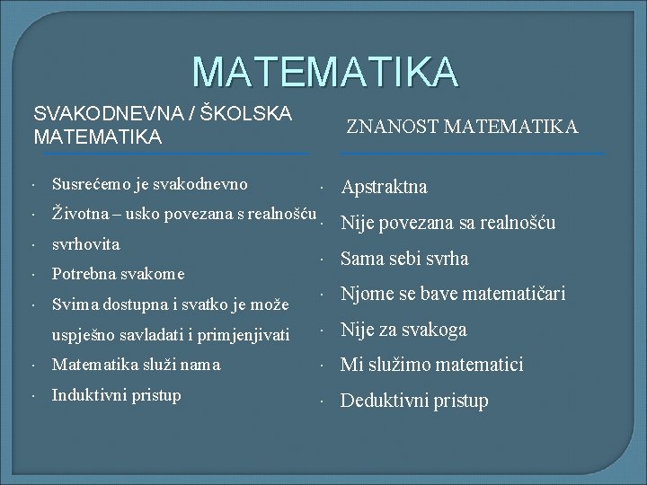 MATEMATIKA SVAKODNEVNA / ŠKOLSKA MATEMATIKA Susrećemo je svakodnevno Životna – usko povezana s realnošću MATEMATIKA SVAKODNEVNA / ŠKOLSKA MATEMATIKA Susrećemo je svakodnevno Životna – usko povezana s realnošću
