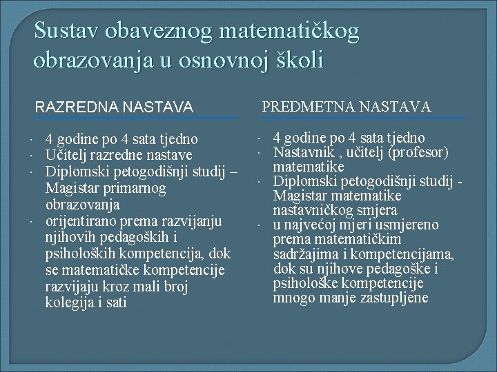 Sustav obaveznog matematičkog obrazovanja u osnovnoj školi RAZREDNA NASTAVA 4 godine po 4 sata Sustav obaveznog matematičkog obrazovanja u osnovnoj školi RAZREDNA NASTAVA 4 godine po 4 sata