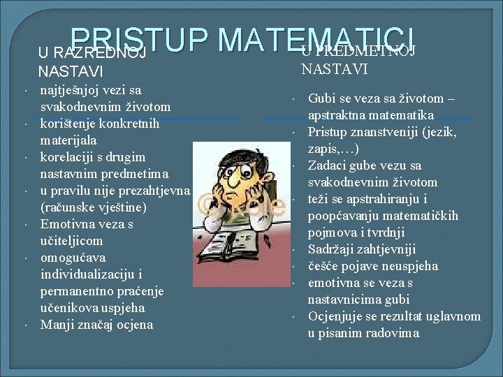 PRISTUP MATEMATICI U PREDMETNOJ U RAZREDNOJ NASTAVI najtješnjoj vezi sa svakodnevnim životom korištenje konkretnih PRISTUP MATEMATICI U PREDMETNOJ U RAZREDNOJ NASTAVI najtješnjoj vezi sa svakodnevnim životom korištenje konkretnih