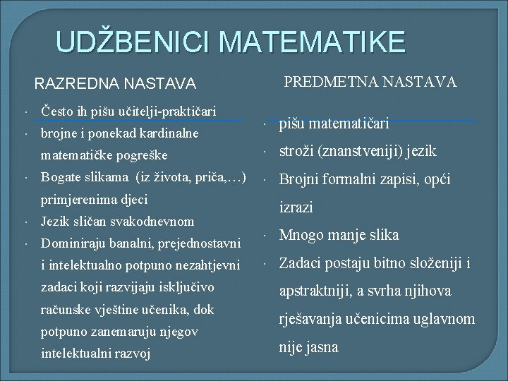 UDŽBENICI MATEMATIKE PREDMETNA NASTAVA RAZREDNA NASTAVA Često ih pišu učitelji-praktičari brojne i ponekad kardinalne UDŽBENICI MATEMATIKE PREDMETNA NASTAVA RAZREDNA NASTAVA Često ih pišu učitelji-praktičari brojne i ponekad kardinalne