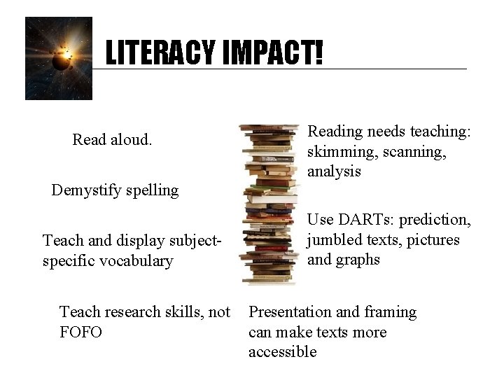 LITERACY IMPACT! Read aloud. Demystify spelling Teach and display subjectspecific vocabulary Teach research skills,