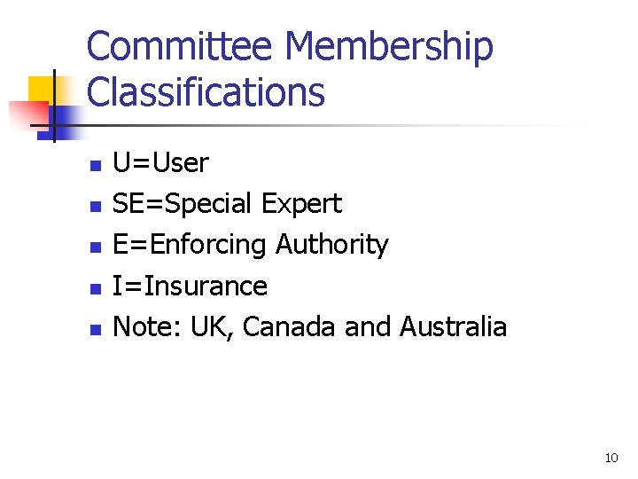 Committee Membership Classifications n n n U=User SE=Special Expert E=Enforcing Authority I=Insurance Note: UK,